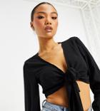 Missguided Petite Crop Top With Tie Front Detail In Black