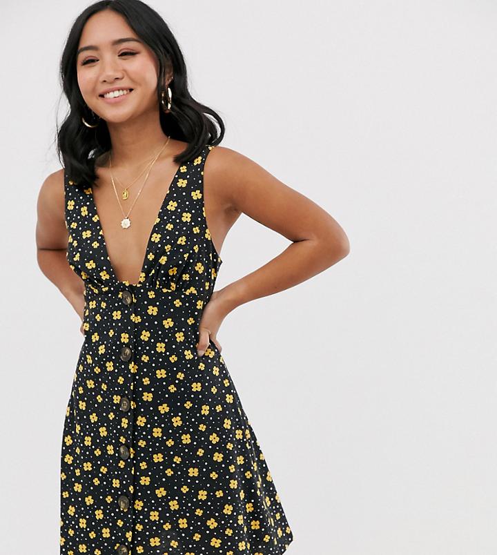 Asos Design Petite Button Through Pansy Print Sundress-multi