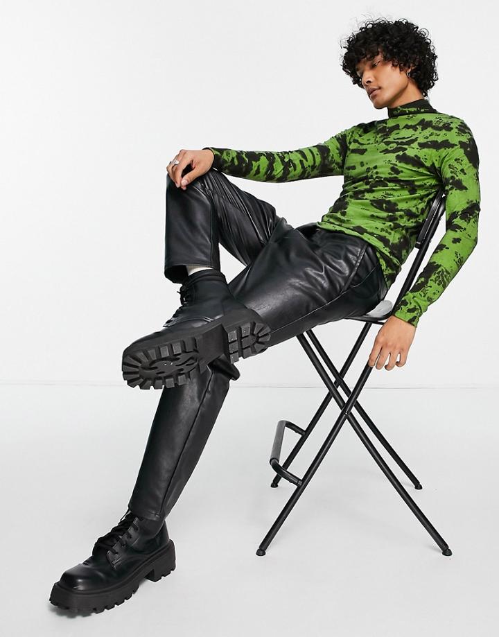 Asos Design Muscle Long Sleeve T-shirt In Green Tie Dye With Turtleneck-purple