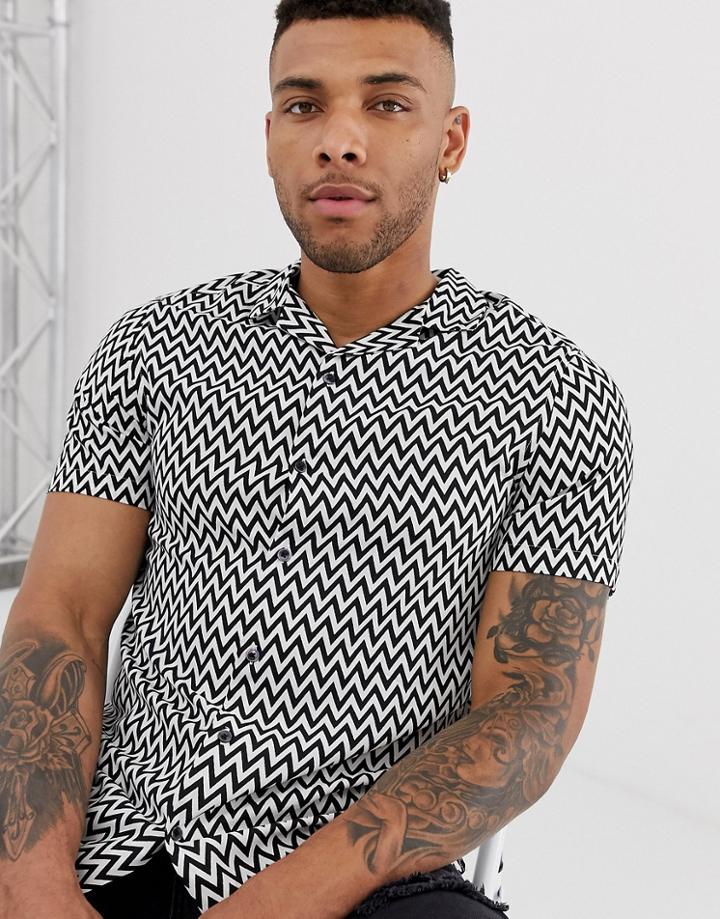Asos Design Regular Fit Stripe Chevron Shirt With Revere Collar-black