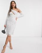 Asos Design Long Sleeve Splice Detail Embellished Midi Dress-white