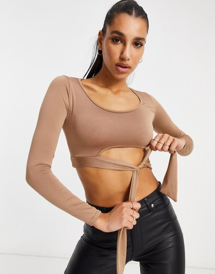 Femme Luxe Long Sleeve Cut Out Waist Crop Top With Belt Detail In Camel-brown