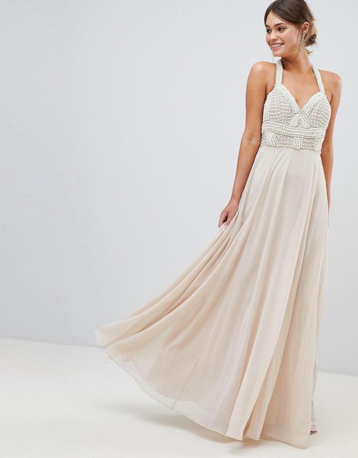 Asos Design Premium Embellished Maxi Dress With Pearl Basque - Pink