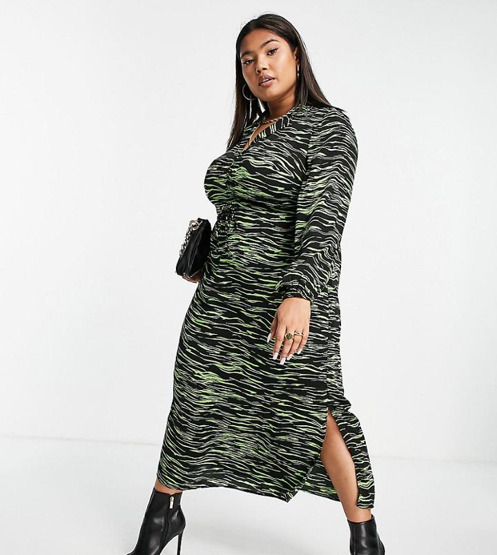 Vero Moda Curve Ruched Front Midi Shirt Dress In Black & Green Zebra-multi