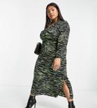 Vero Moda Curve Ruched Front Midi Shirt Dress In Black & Green Zebra-multi
