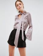 Closet Silky Blouse With Pussy Bow And Fluted Sleeve - Gray