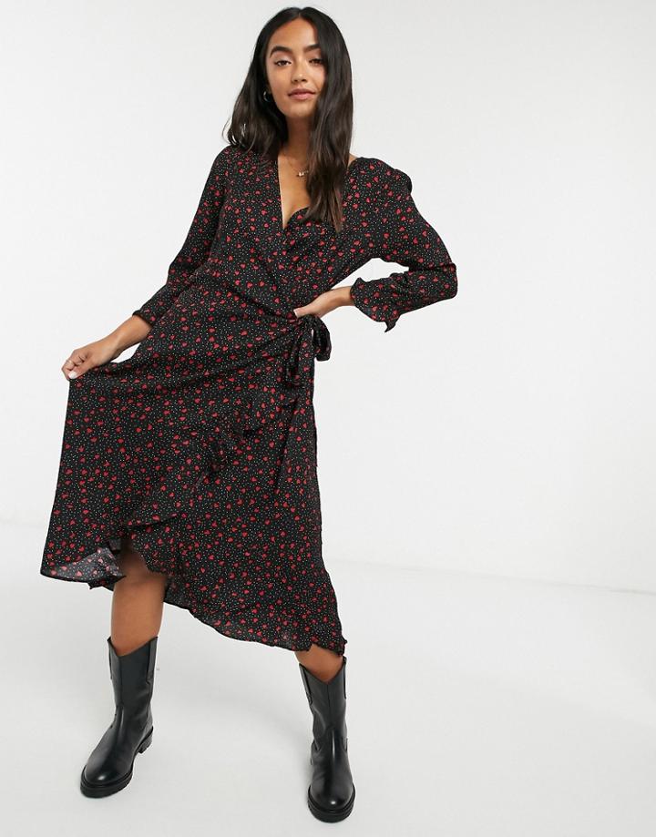 Brave Soul Heart Print Wrap Dress-black