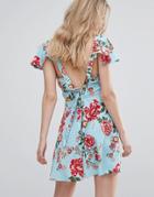 Influence Tie Back Flutter Sleeve Floral Tea Dress - Blue