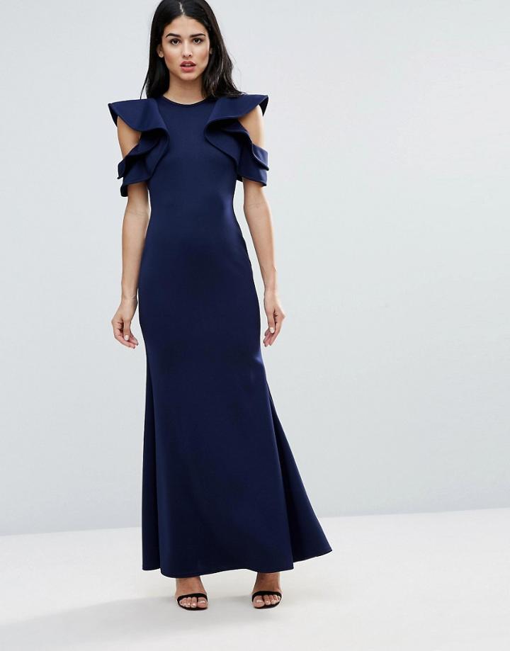 Club L Scuba Fishtail Maxi Dress With Extreme Ruffle Sleeve - Gray