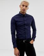 River Island Poplin Muscle Fit Shirt In Navy