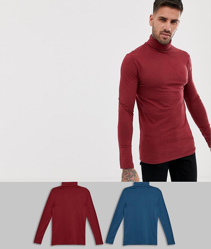 Asos Design Muscle Fit Long Sleeve Roll Neck T-shirt With Stretch 2 Pack Multipack Saving - Multi