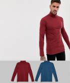 Asos Design Muscle Fit Long Sleeve Roll Neck T-shirt With Stretch 2 Pack Multipack Saving - Multi