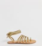 London Rebel Wide Fit Tie Leg Flat Sandals - Gold