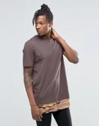 Asos Super Longline T-shirt With Distressing And Camo Print Hem Extender - Brown