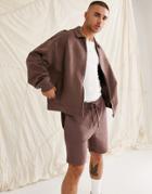Asos Design Oversized Jersey Harrington Jacket In Washed Brown