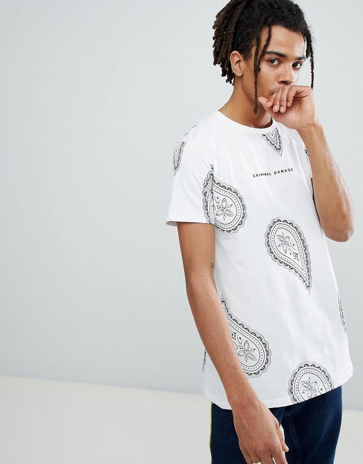 Criminal Damage T-shirt In White With Paisley Print - White