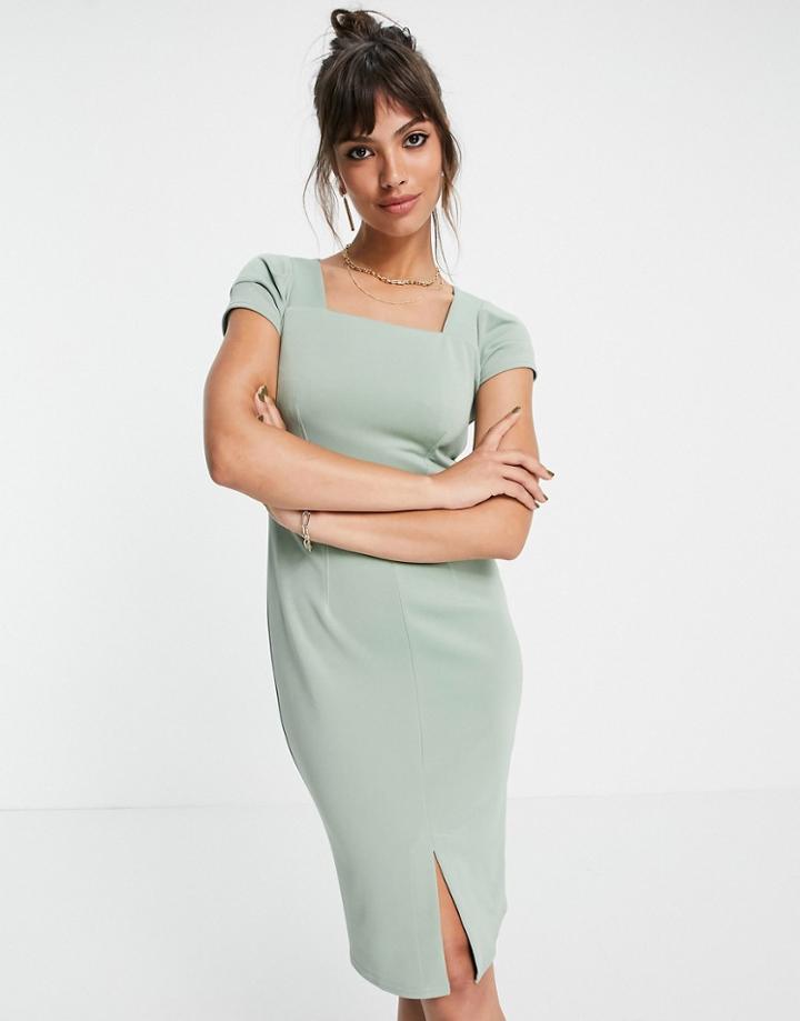 Closet London Square Neck Cap Sleeve Pencil Dress In Sage-green