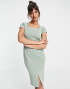 Closet London Square Neck Cap Sleeve Pencil Dress In Sage-green