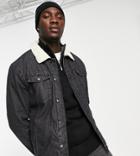 Threadbare Tall Denim Jacket With Sherpa Lining And Collar In Black