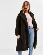 Qed London Oversized Coat In Borg-brown