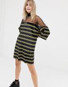The Ragged Priest Velour Stripe T-shirt Dress With Mesh Panel-black