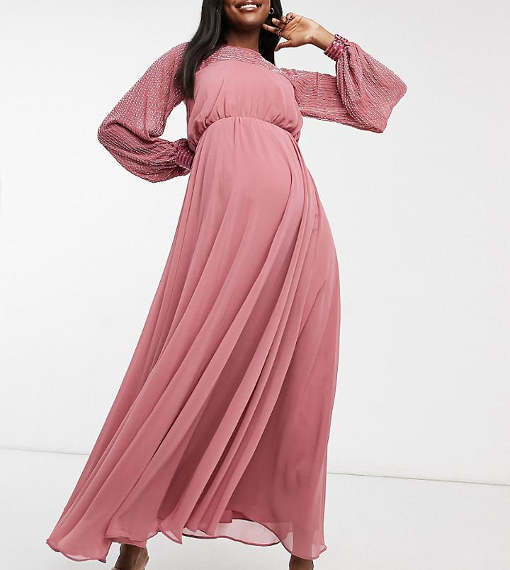 Asos Design Maternity Maxi Dress With Linear Yoke Embellishment-blues