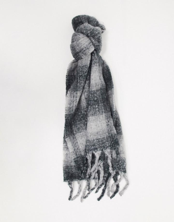 Asos Design Wool Mix Long Fluffy Tonal Check Scarf In Gray-multi
