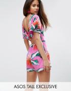 Asos Tall Tropical Print Romper With Tie Back - Multi