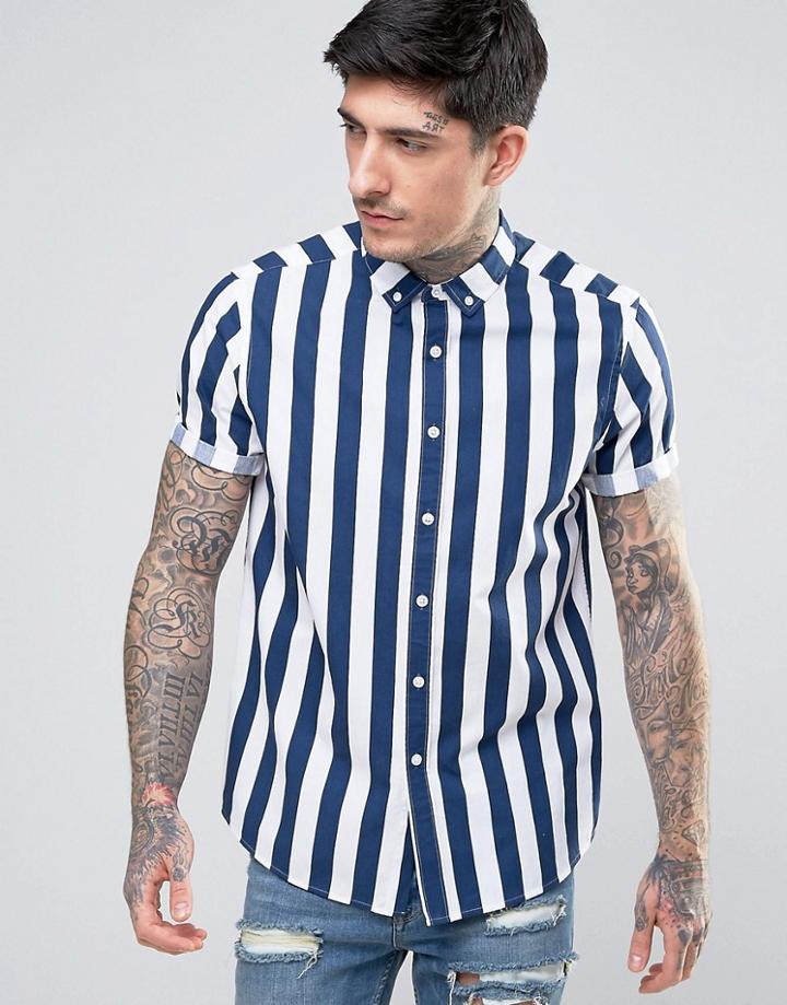 Asos Regular Fit Striped Shirt In Blue - Blue