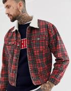 Liquor N Poker Denim Jacket In Plaid With Fleece Collar - Red