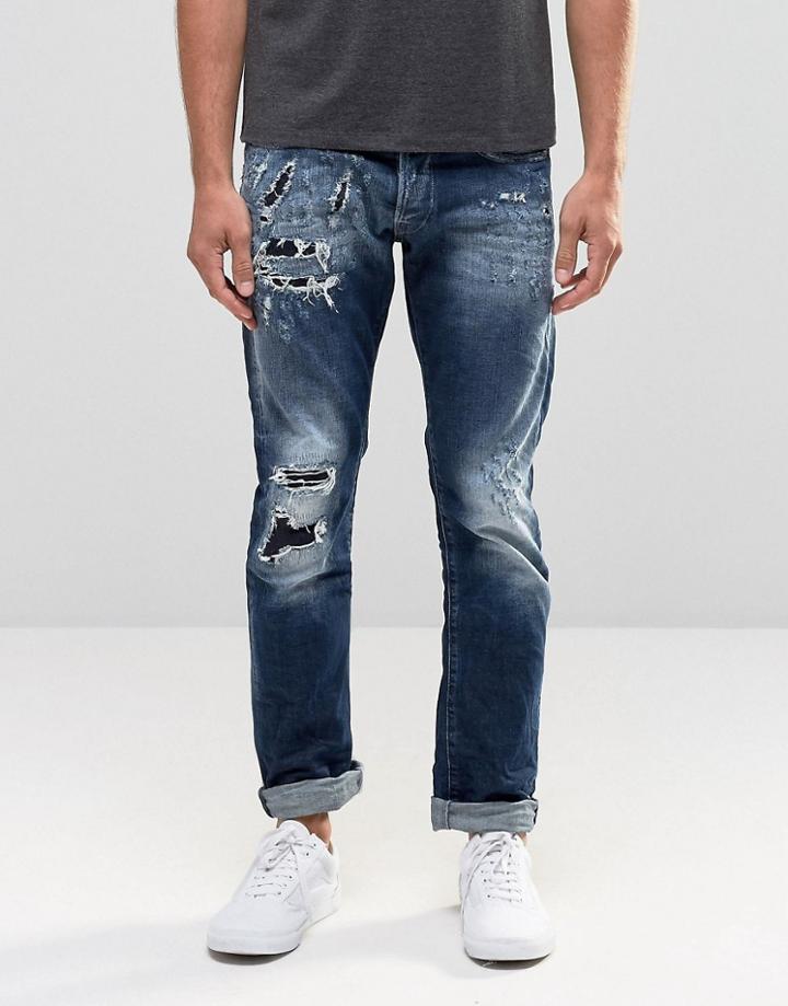 Replay Maestro No.2 Straight Jeans Dark Wash Extreme Rip Repair - Dark Wash