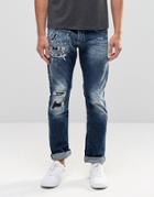 Replay Maestro No.2 Straight Jeans Dark Wash Extreme Rip Repair - Dark Wash