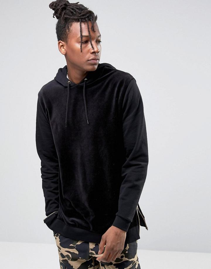 Asos Oversized Hoodie In Velour With Side Zips - Black