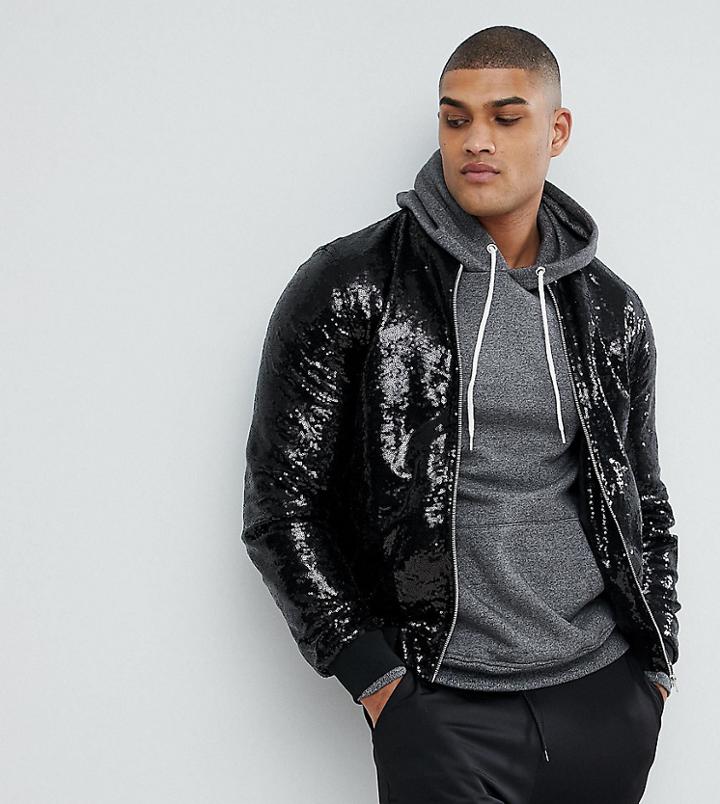 Asos Tall Bomber Jacket In Sequins In Black - Black