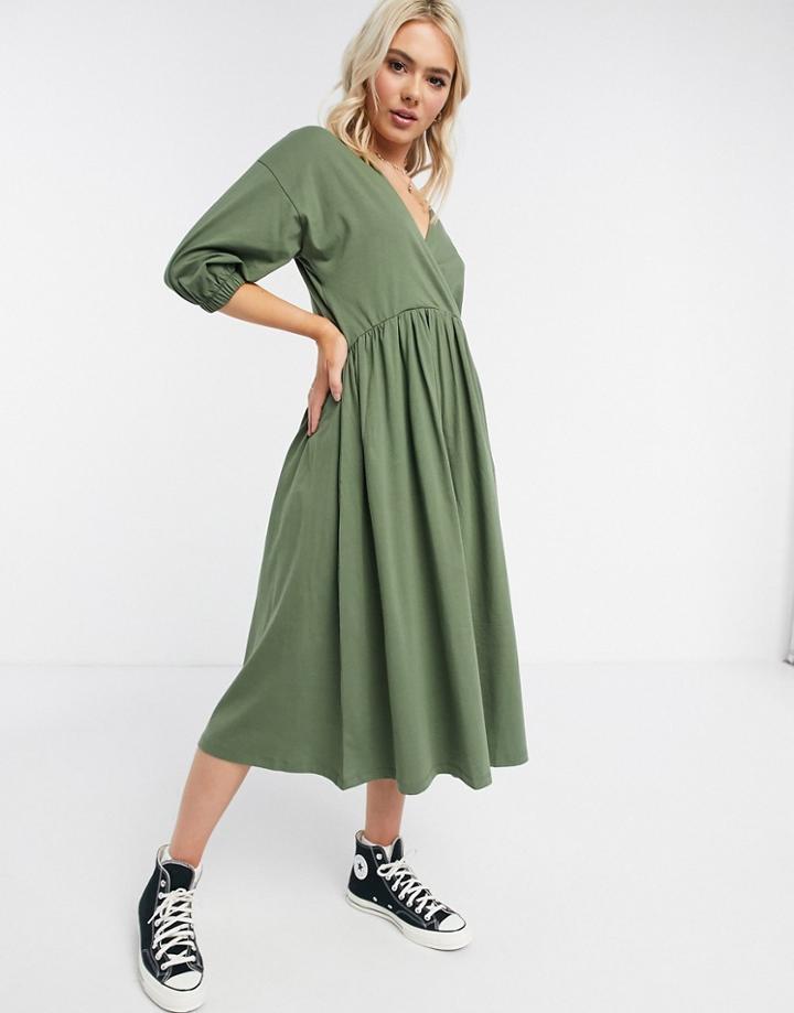 Asos Design Midi Smock Dress With Wrap Top In Khaki-green