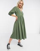 Asos Design Midi Smock Dress With Wrap Top In Khaki-green