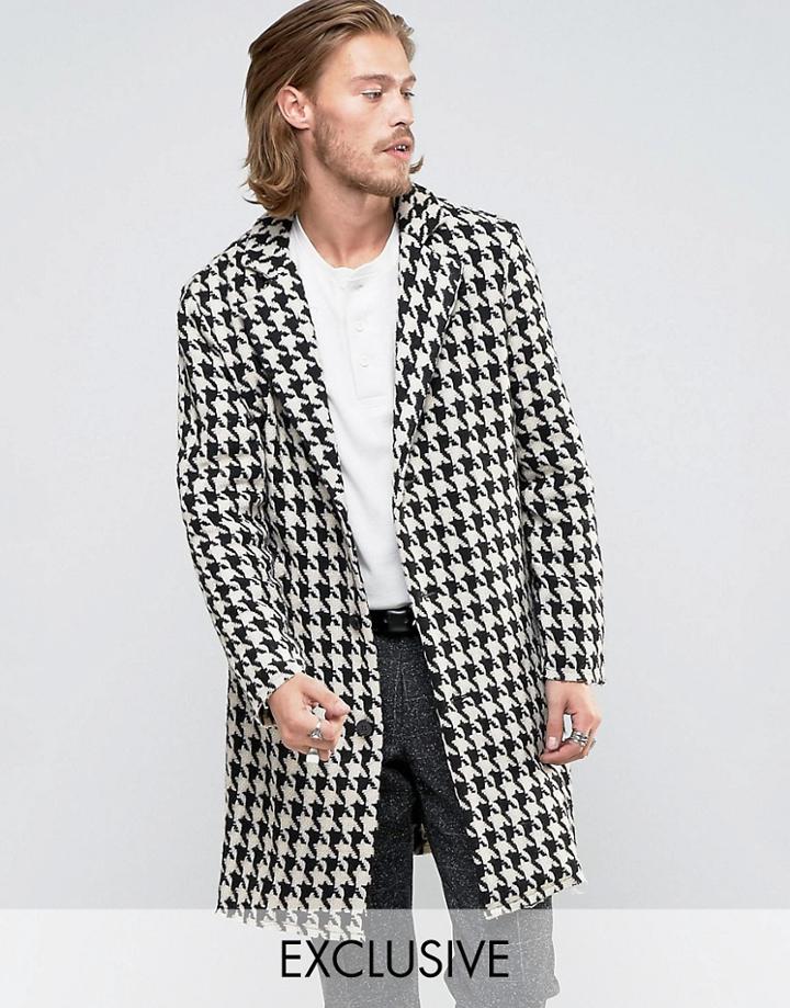 Reclaimed Vintage Overcoat In Hounds Tooth With Raw Hem - Black