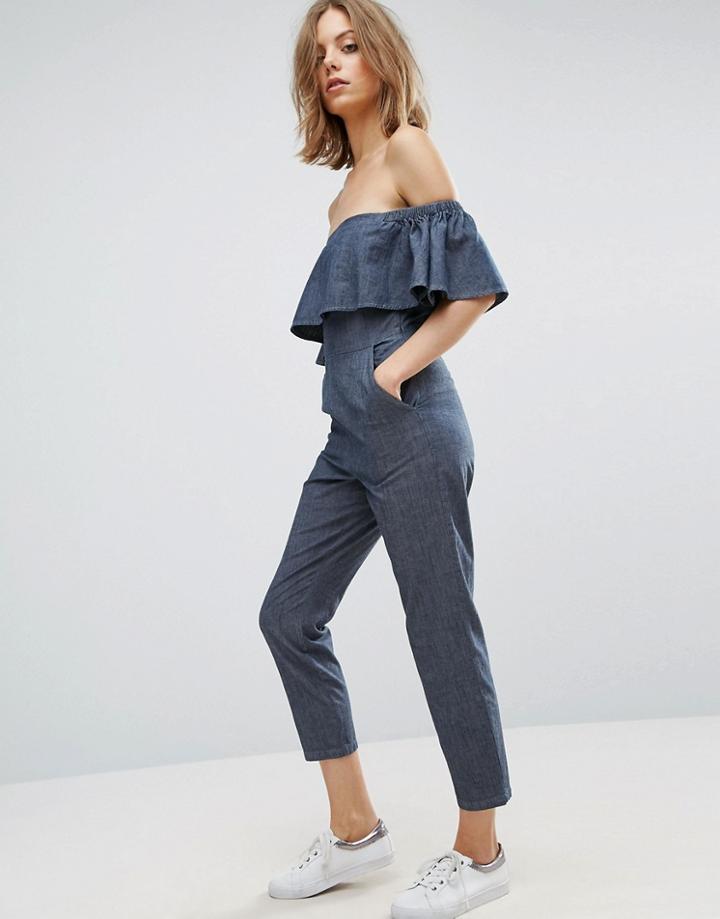 Asos Denim Off-shoulder Jumpsuit With Ruffle Detail - Blue