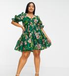 Asos Design Curve Tie Front Mini Dress In Textured Voile In Art Nouveau Floral-multi