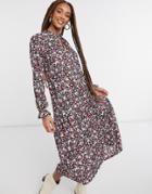 Asos Design Long Sleeve Midi Dress With V Neck And Frill Cuff In Red Floral Print