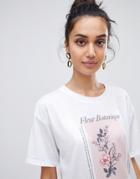 Neon Rose Relaxed T-shirt With Botanical Flower Print - White
