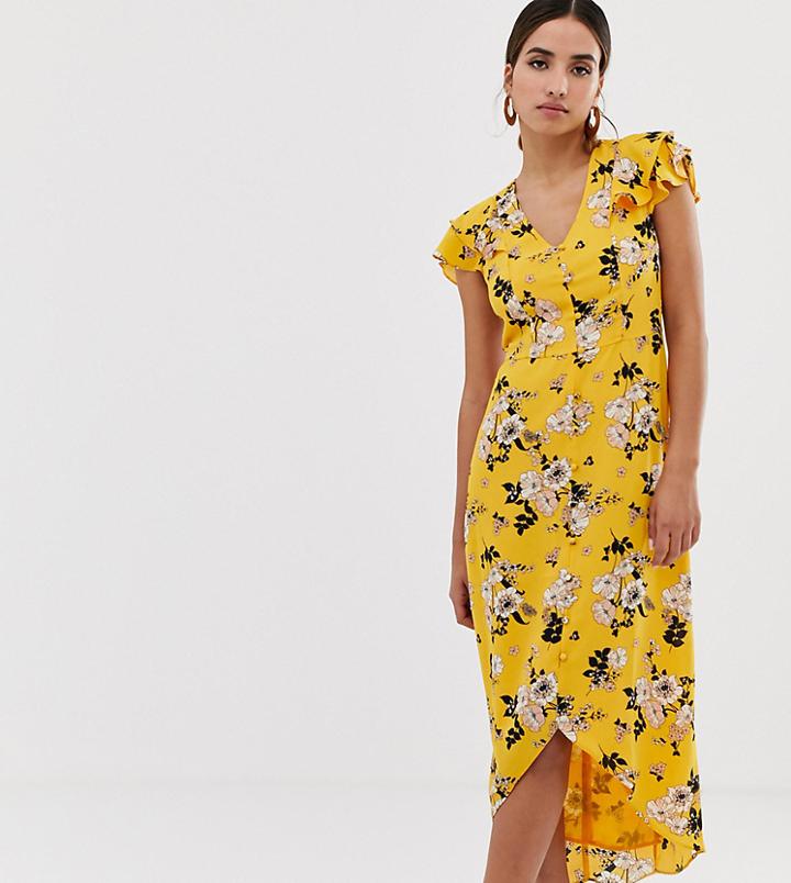 Oasis Midi Tea Dress With Frill Sleeves In Floral Print - Multi