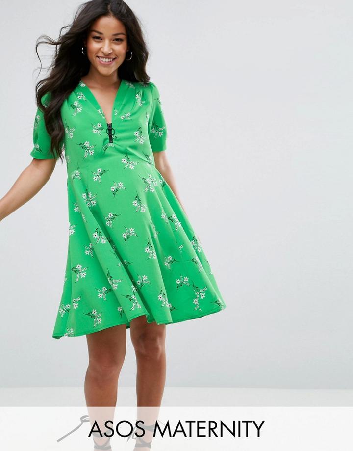 Asos Maternity Short Sleeve Floral Tea Dress With Zip Detail - Green