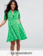 Asos Maternity Short Sleeve Floral Tea Dress With Zip Detail - Green
