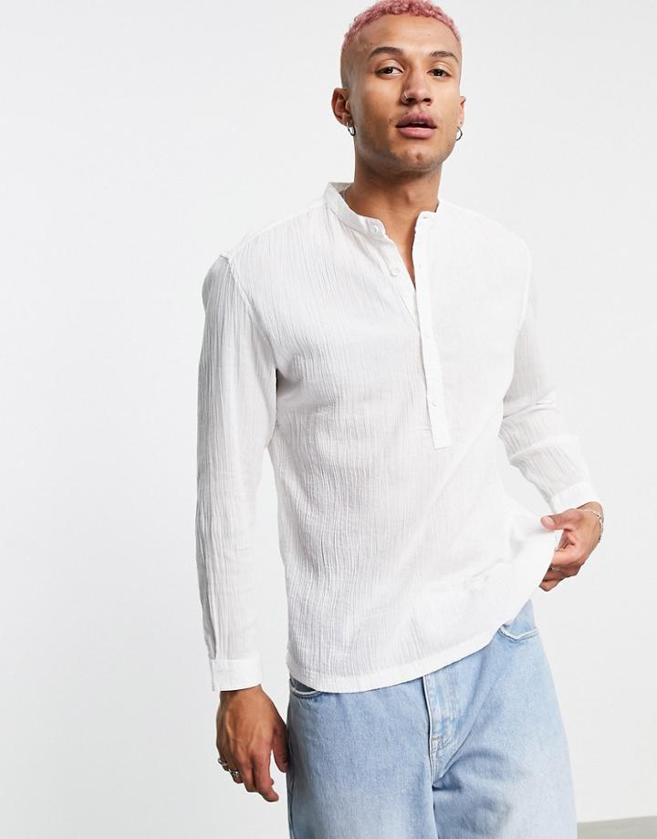 Bershka Grandad Collar Textured Shirt In White