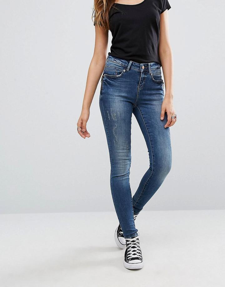 Noisy May Lucy Mid Waist Skinny Jeans With Distressing - Blue