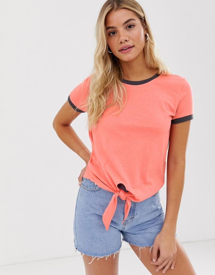 Brave Soul Tie Front Ringer T Shirt In Peach-orange