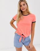Brave Soul Tie Front Ringer T Shirt In Peach-orange