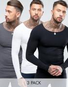 Asos 3 Pack Extreme Muscle Long Sleeve T-shirt With Boat Neck Save - Multi