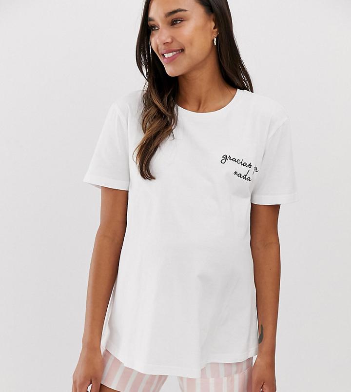 Asos Design Maternity Mix & Match Stripe Pyjama Embroidered T-shirt In 100% Modal-pink
